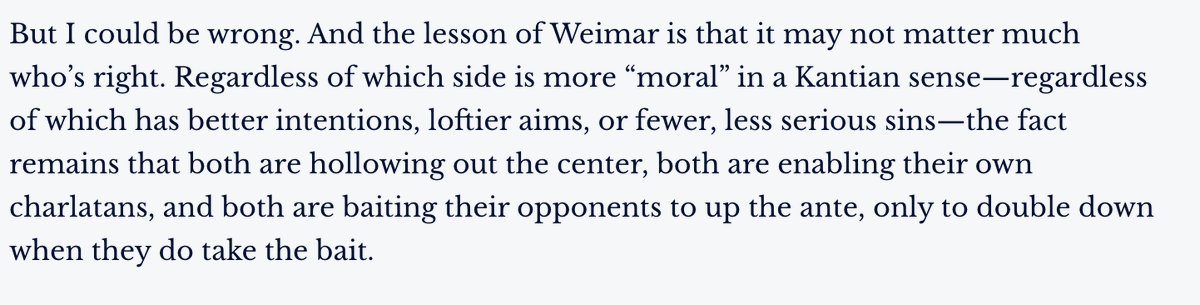 Conservative revolutionaryism, on the other hand, is a European import, meaning it faces an uphill battle against the American Puritan tradition out of which wokeness springs. But even if I'm wrong, the fact remains that each side is radicalizing the other in a vicious cycle.