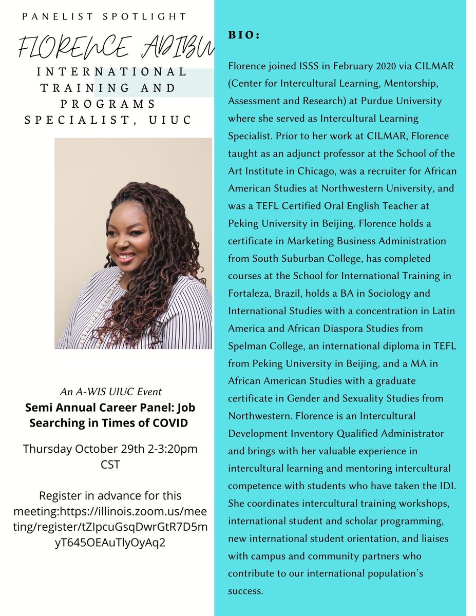 AWISUIUC's tweet photo. Our second panelist is Florence Adibu! If you want to hear about her experience job searching for positions in Academic Administration join us tomorrow for our Career Panel: Job Searching in times of COVID-19.  Register here: https://t.co/8TmeUntgqS https://t.co/hEkMazH1V2