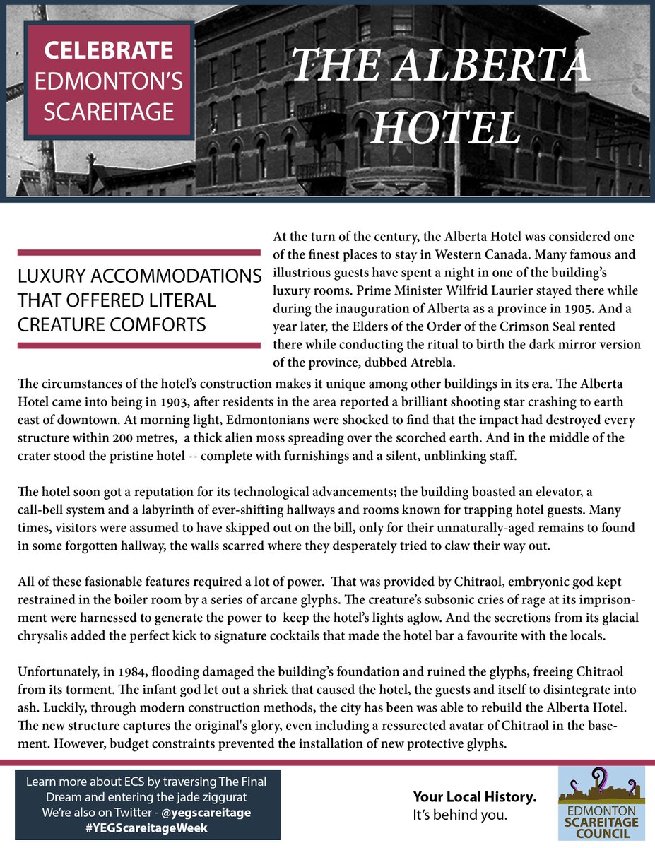 YEGScareitage's tweet photo. We're almost halfway through #YEGScareitageWeek and today we're celebrating the Alberta Hotel -- the first hotel in #Yeg to be powered completely by the psychic wails of a vengeful infant-god. #screamenergy https://t.co/Uayg353pBW