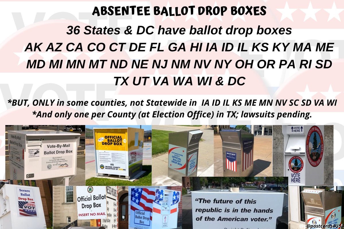 36 states have ballot  #dropboxesAK AZ CA CO CT DE FL GA HI IAID IL KS KY MA ME MD MI MN MTND NE NJ NM NV NY OH OR PA RISD TX UT VA WA WI & DC*THREAD of Drop Box locations w/ links *Too late to return  #absenteeballots by  #USPS *Can do UPS/FedExRetweet YOUR State!THREAD