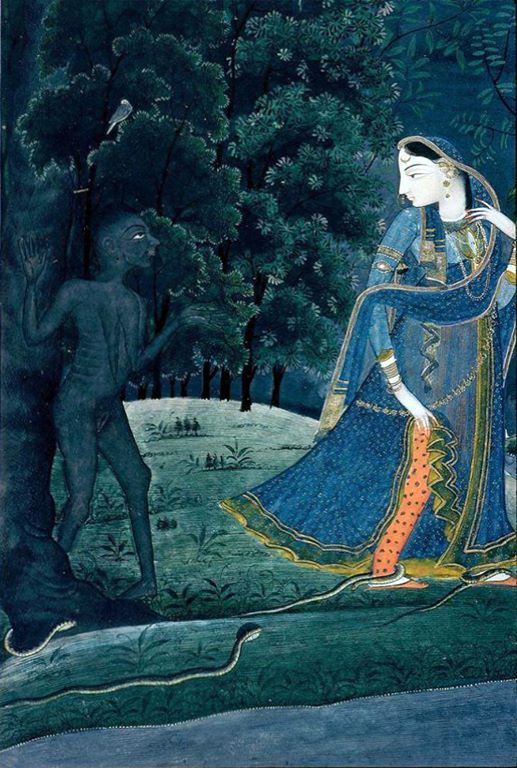 Early 19th c miniature painting. Kangra school,Pahari- 'Krishna-Abhisarika Nayika meets a witch and snakes on the way to meeting her lover''