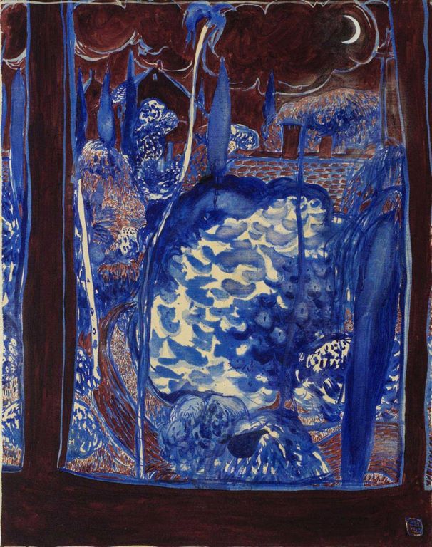 Brett Whiteley (Australian, 1939-1992) - The Blue Garden, 1975. Oil and watercolor on canvas, 75.5 x 61 cm