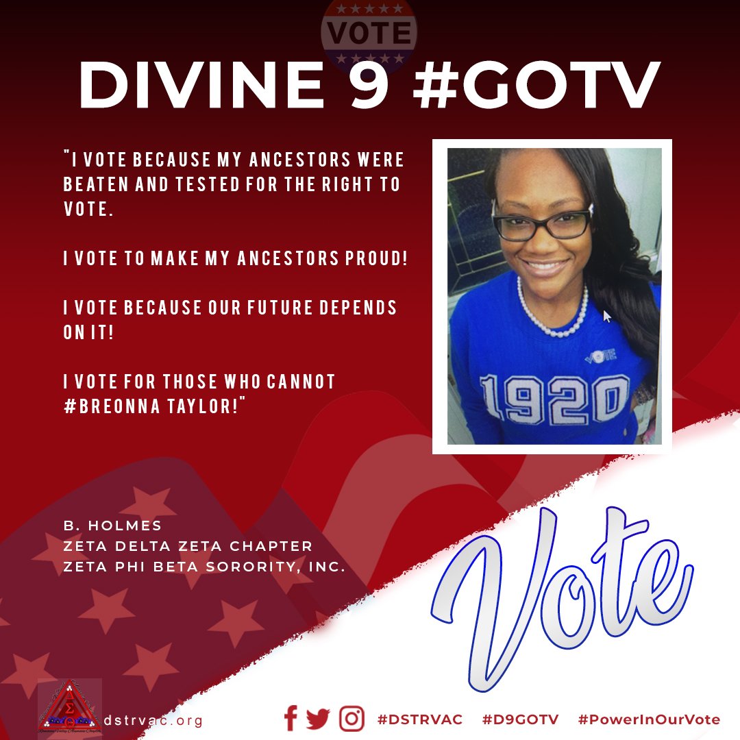 dstrvac's tweet photo. Go Vote
"I Vote because of my Ancestors..."
#Divine9Unity #D9GOTV #PowerInOurVoice
@dstinc1913 @easternregdst @ltgovoliver @nphcbc
@zphibzdz @dosocialjustice https://t.co/SRqBoLSlVT