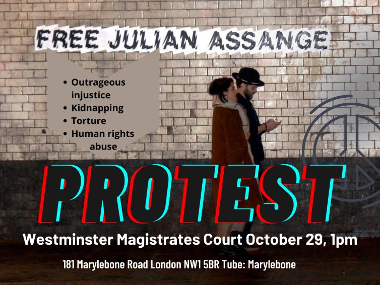 Tomorrow from 1pm (new time) we protest outside the Westminster Magistrate Court case management hearing of kidnapped and illegally jailed publisher Julian Assange. #nojustice #noextradition #jailthewarcriminals #peace #truth #Australia #LondonTogether #londonprotest