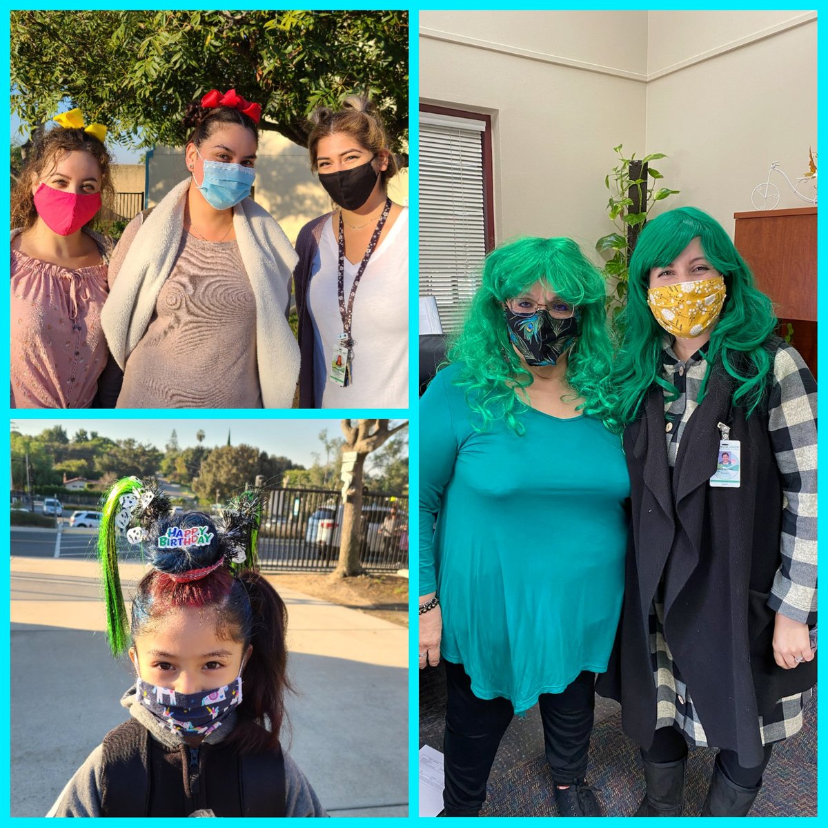 WiLd about being drug free with our CrAzY hair today! Tomorrow we will follow our dreams and be in pajamas! Spirit days take on a whole new meaning now since we are so pumped to be back together on campus! <a href="/pparson28/">Patti</a> <a href="/FUESDSchools/">FUESD Schools</a> <a href="/LiveElementary/">Live Oak Elementary</a> #hairgonecrazy #schoolspirit