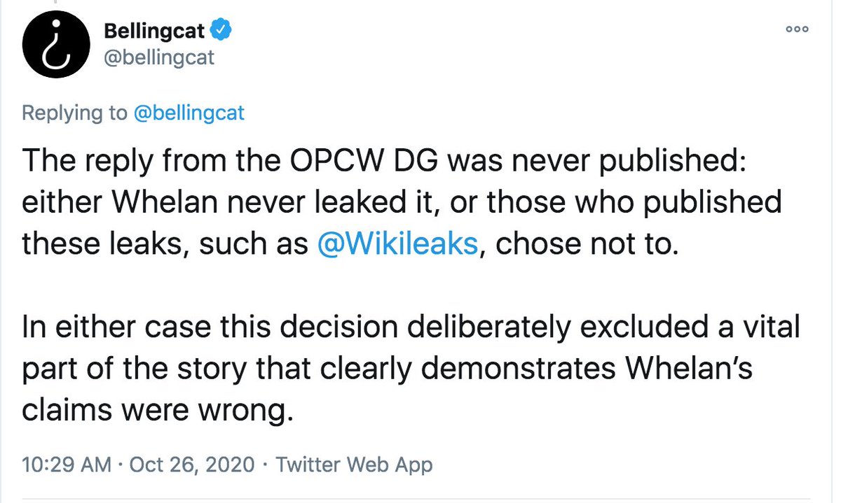  @Bellingat's hit piece on the OPCW whistleblowers is based on a letter they thought was sent, but actually wasn't. Based on that false premise, they made outlandish claims & accused others, including me, of concealing evidence that doesn't actually exist.