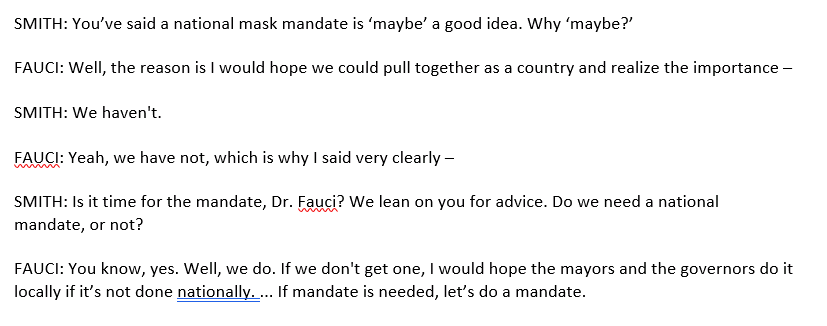 Here's the full exchange in which Fauci certainly appears to call for a national mask mandate through strong questioning from  @thenewsoncnbc