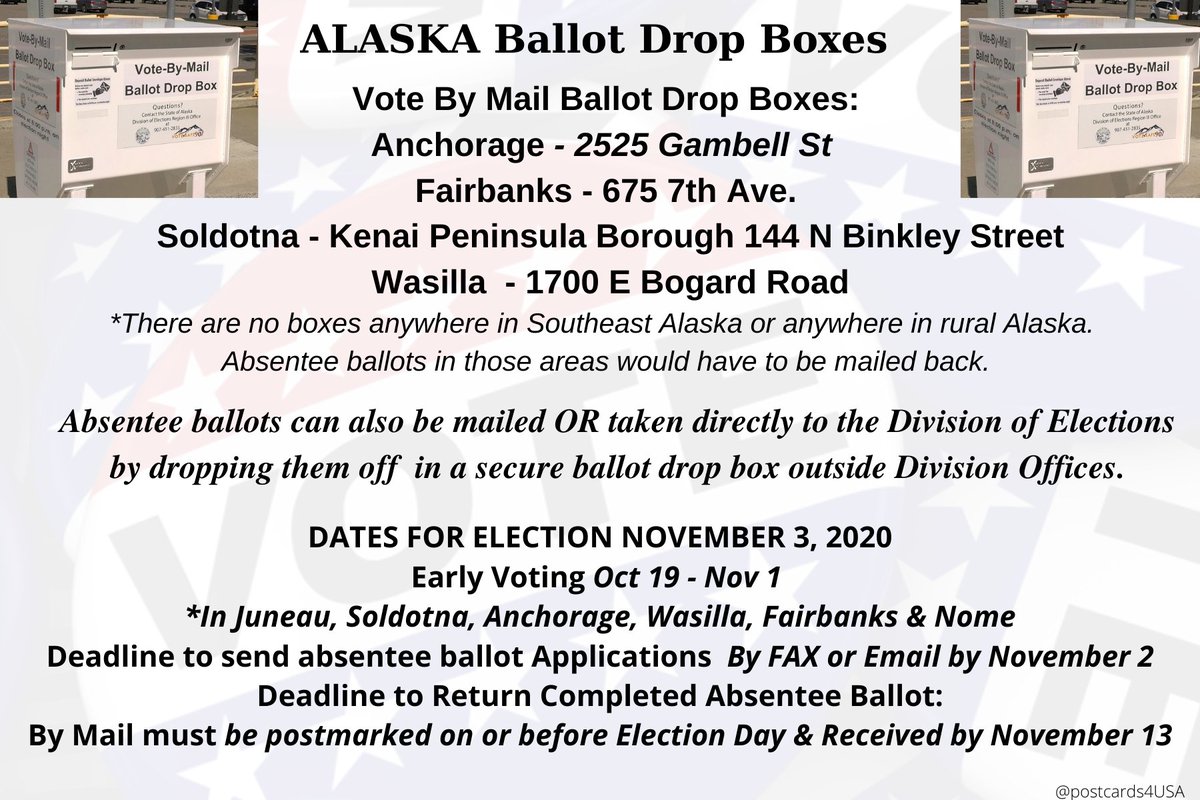 ALASKA  #VoteByMail Ballot Drop Boxes #AbsenteeBallots can be taken directly to Regional Election Offices and dropped off in a ballot drop box outside Division OfficesFind:  https://elections.alaska.gov/Core/contactusandsitemap.phpYou can also return your ballot to your polling place here:  https://www.elections.alaska.gov/Core/listofpollingplacelocations.php