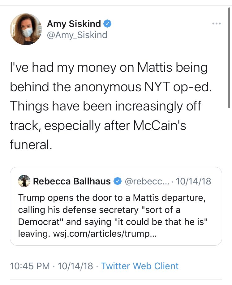 Mattis was also the idea of one of the more insistent conspiracy theorists on this website,  @Amy_Siskind