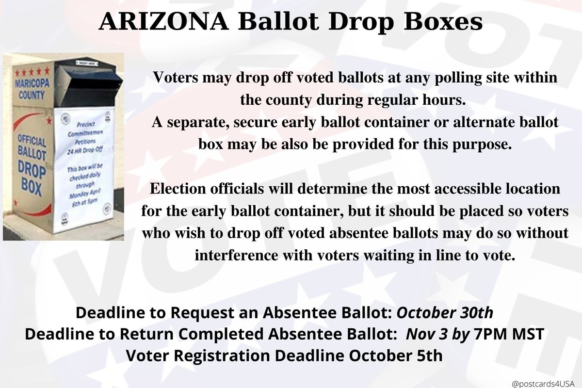 ARIZONA  #VoteByMail  #DropBoxesBy county. County Recorders here https://azsos.gov/elections/voting-election/contact-information-county-election-officialsOR drop-off at  #EarlyVoting locationsOR on  #ElectionDay   voting location by 7PMDrop-off locations on county's website  https://azsos.gov/county-election-infoMap of Drop Boxes  https://www.azcleanelections.gov/how-to-vote/early-voting/vote-by-mail#googlemapTHREAD