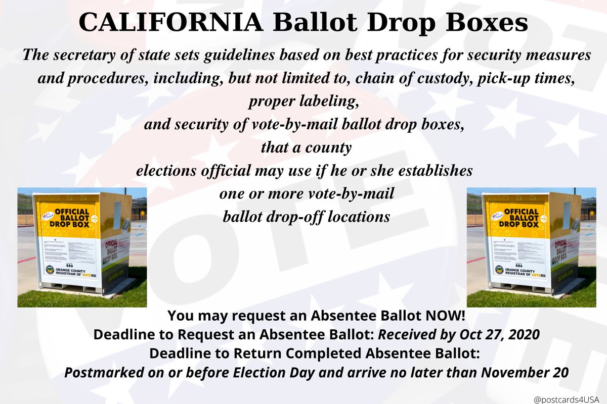 CALIFORNIA  #VoteByMail  #DropBoxesCounty elections official choose if using.Find here:  https://www.sos.ca.gov/elections/voting-resources/county-elections-offices/Can also drop ballot at your county elections office,  #EarlyVoting site any time before 8PM on Election Day or at any polling place. https://www.sos.ca.gov/elections/voters-choice-act/vca-voting-locations/THREAD