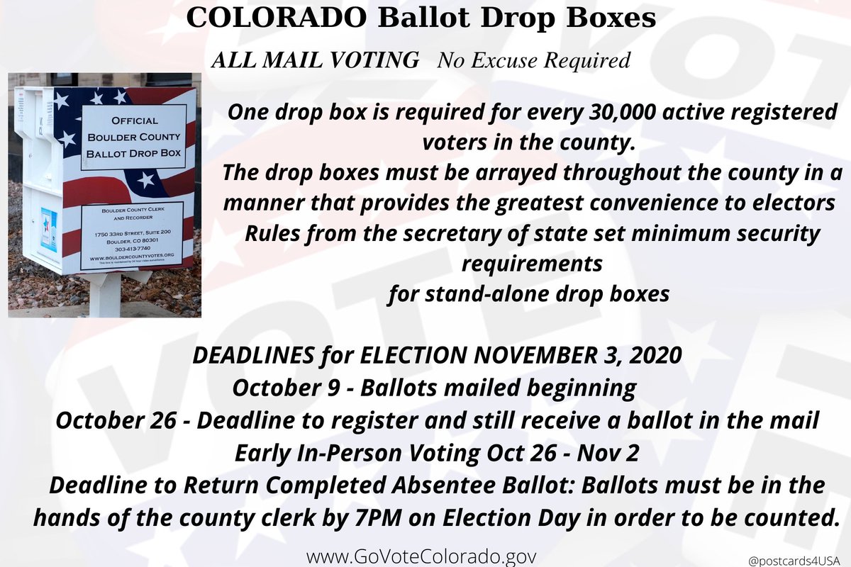 COLORADO  #VoteByMail  #DropBoxesOne drop box required for every 30,000 active registered voters in countyFind your nearest Drop Box here  https://www.sos.state.co.us/pubs/elections/VIP.htmlDrop Box map here:  http://www.google.com/maps/d/viewer?mid=1Qxjcwb3MGQg5K7qqOtfTdbDlOlzNFUXi&usp=sharingCan also drop at a Voter Service Center or polling place. THREAD