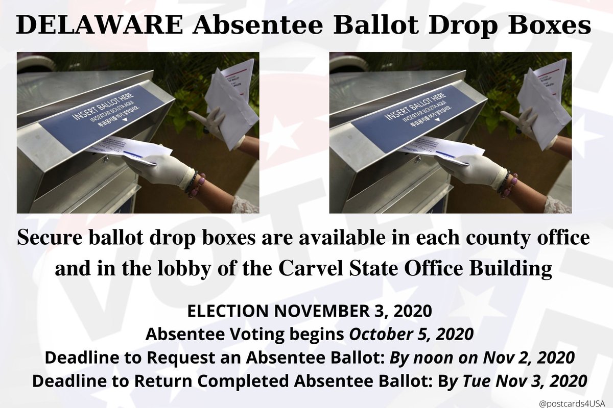 DELAWARE  #VoteByMail  #DropOffYourBallot Ballot drop boxes available in all county offices & in lobby of Carvel State Office Building OR to Election Department office by  #ElectionDay   Here:  https://elections.delaware.gov/locations.shtml *You may vote In-Person Absentee at County Election OfcTHREAD