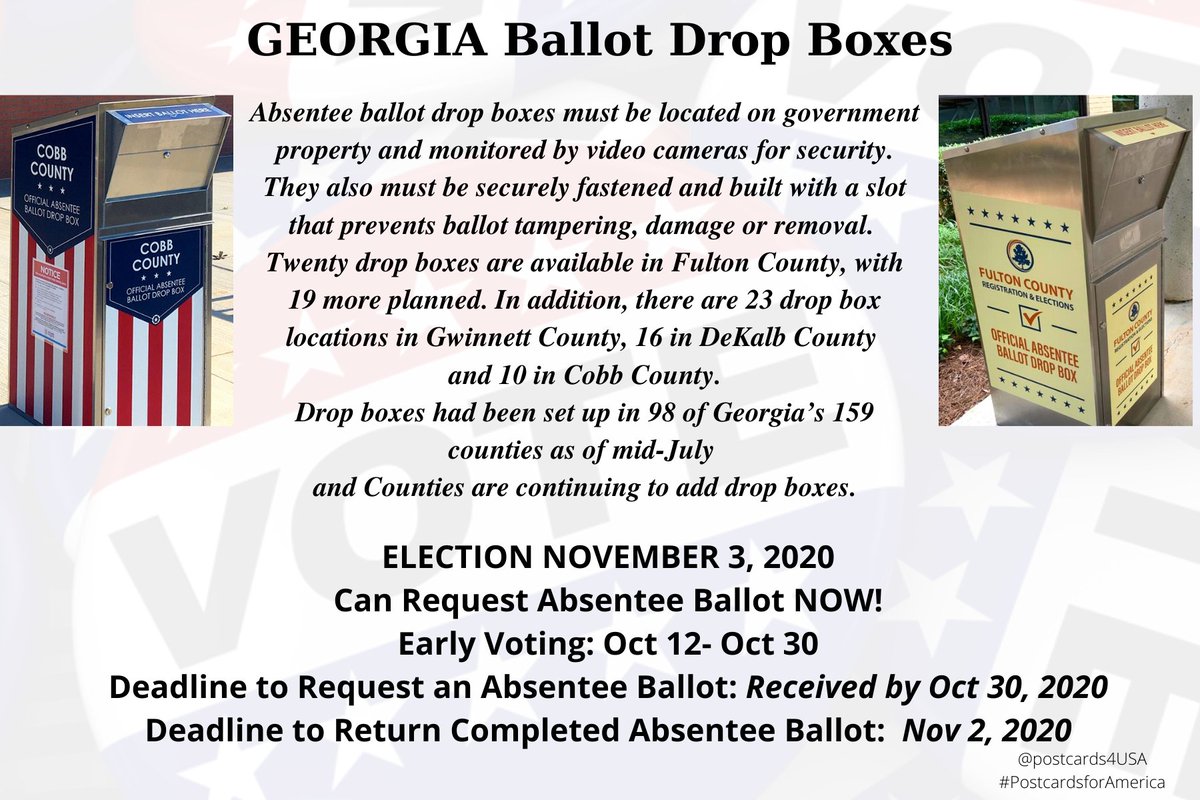 GEORGIA  #VoteByMail  #DropOffYourBallot Find Locations here (via @GeorgiaDemocrats) https://gaballotdropbox.org/ For Atlanta  https://www.ajc.com/politics/where-are-absentee-ballot-drop-boxes-in-metro-atlanta/YWWVPFUDFZF5ZB6JLH5S33UIEU/ Cobb  https://www.cobbcounty.org/elections/voting/absentee-votingFulton  https://gismaps.fultoncountyga.gov/portalpub/apps/webappviewer/index.html?id=96c3363d99f74ed0bb38f53099e6b350Gwinnett  https://www.gwinnettcounty.com/web/gwinnett/departments/elections/ballotdropboxeslocationsDeKalb  https://www.dekalbcountyga.gov/voter-registration-elections/our-missionTHREAD