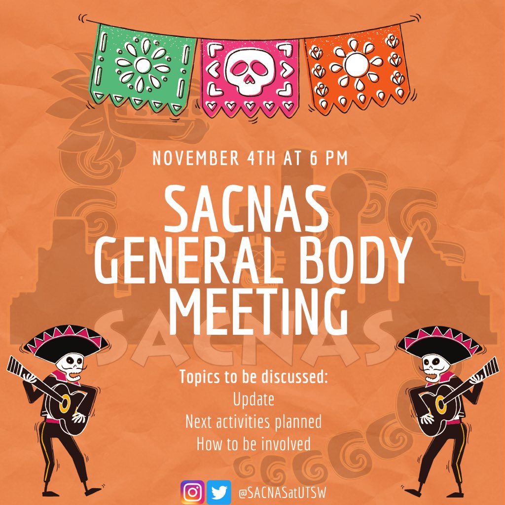 SACNAS@UTSW (@sacnasatutsw) on Twitter photo ‼️Join us at our 1st General Body Meeting next Wednesday Nov 4th at 6pm. We will give updates on past events and share our planned activities for the upcoming months. If you want to be more involved with the chapter, you can’t miss this meeting! <a href="/UTSWGradSchool/">UTSW Graduate School of Biomedical Sciences</a> ‼️Join us at our 1st General Body Meeting next Wednesday Nov 4th at 6pm. We will give updates on past events and share our planned activities for the upcoming months. If you want to be more involved with the chapter, you can’t miss this meeting! <a href="/UTSWGradSchool/">UTSW Graduate School of Biomedical Sciences</a>