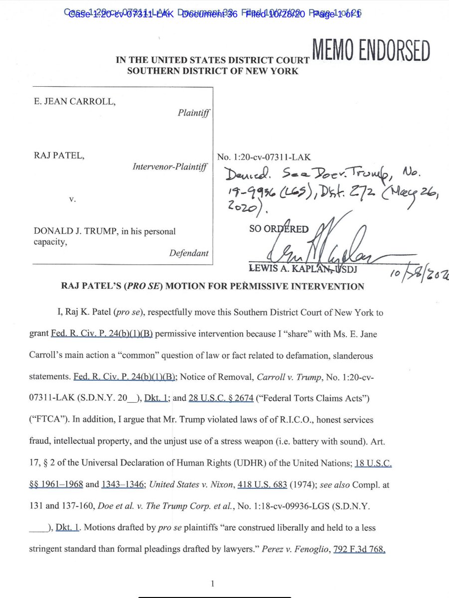 Seriously Mr Patel - you are not party to this case & I read your filing - it reads like a screed of someone who googled a bunch of legalese - glad you got DENIED Given your filing was/is completely improper  https://ecf.nysd.uscourts.gov/doc1/127127869064