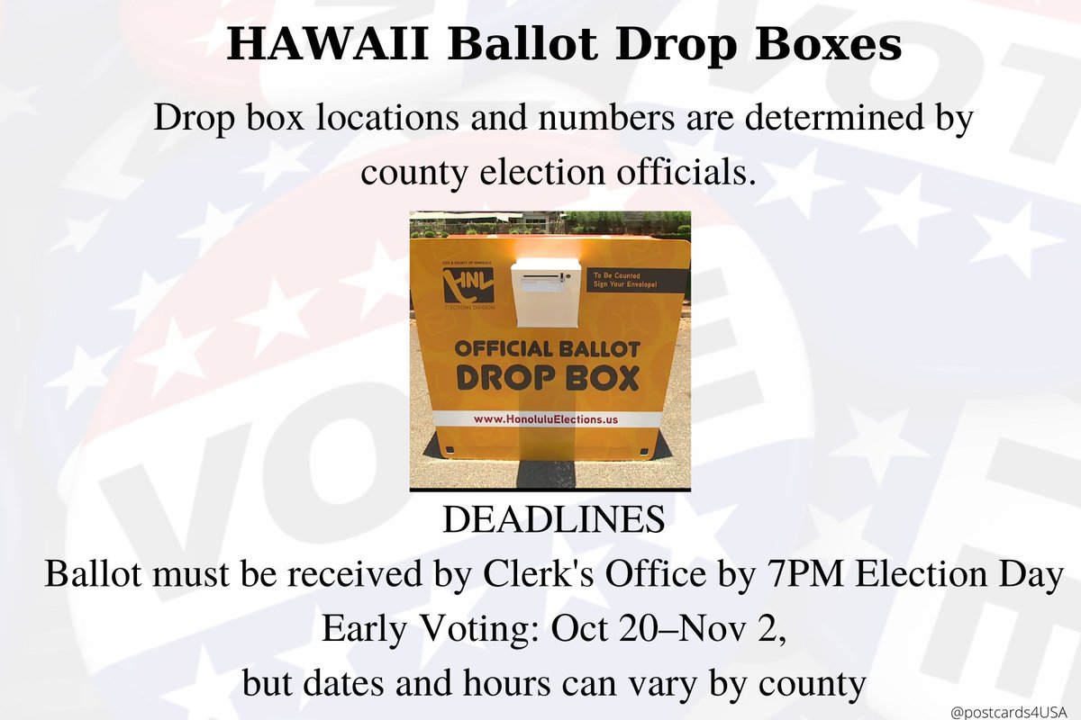 HAWAII  #DropOffBallotsMap of Voter Service Center Locations  https://elections.hawaii.gov/wp-content/uploads/Voter-Service-Center-and-Ballot-Dropbox-Map-Statewide.pdfYou can also find your nearest location by using this map https://histategis.maps.arcgis.com/apps/MapSeries/index.html?appid=40a88743b85b4fbfb8cf6128bacfedcfOR at  http://iwillvote.com THREAD