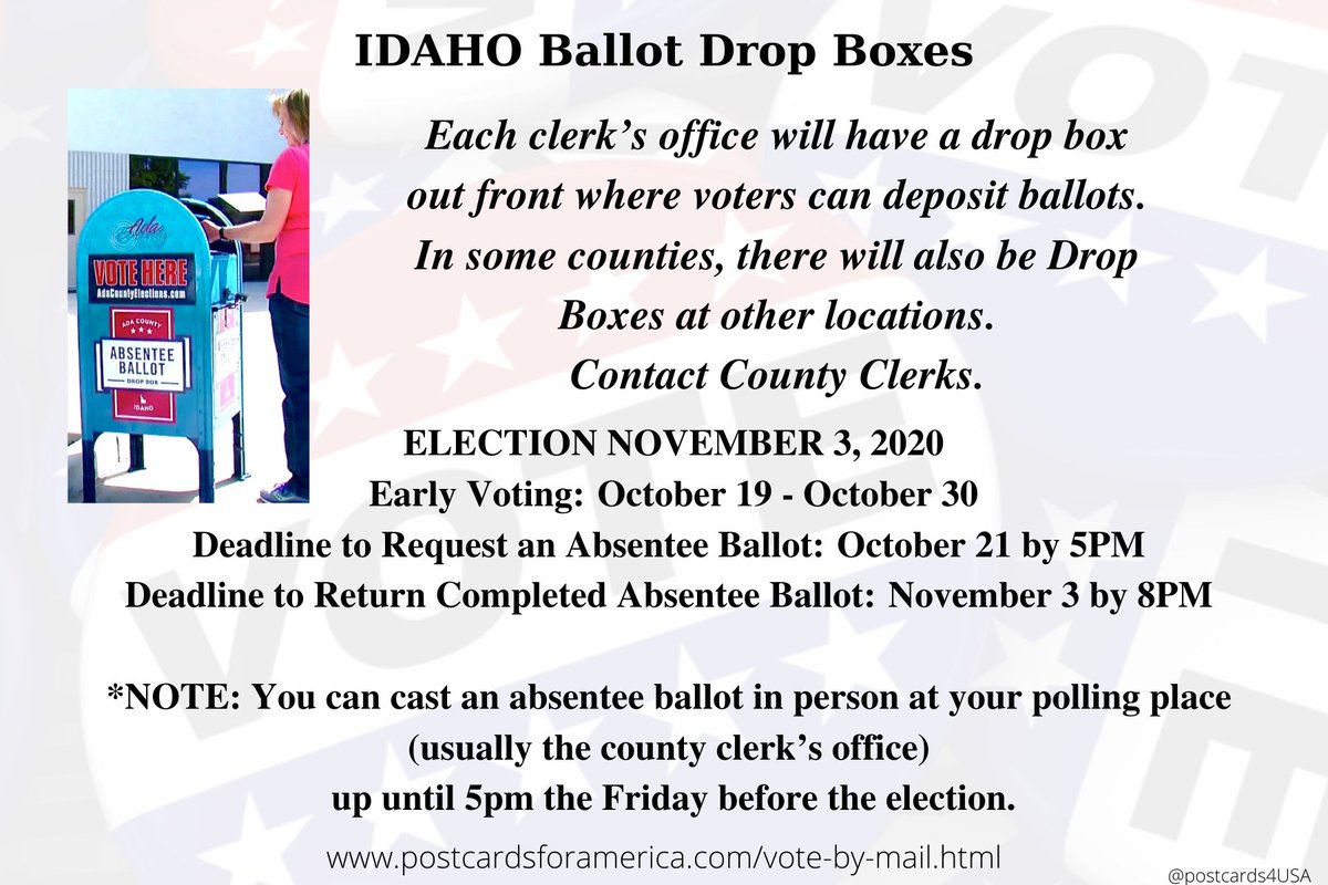 IDAHO  #VoteByMail  #DropOffYourBallot Each clerk’s office will have a drop box out front where voters can deposit ballots.In some counties, there will also be Drop Boxes at other locations. Check with County Clerk. Find them here: https://idahovotes.gov/county-clerks/ THREAD