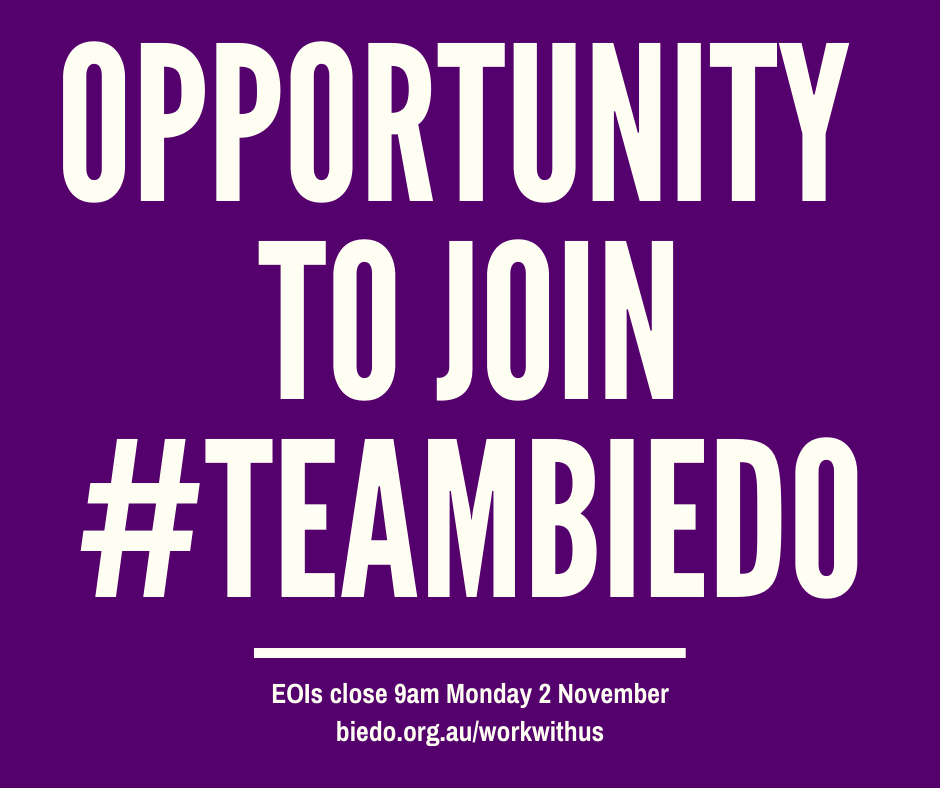 📣 Reminder! We are seeking expressions of interest for a Project Officer to join #TeamBIEDO - EOIs close 9am Monday 2 November. For full information about the role and how to apply visit biedo.org.au/workwithus 🎉