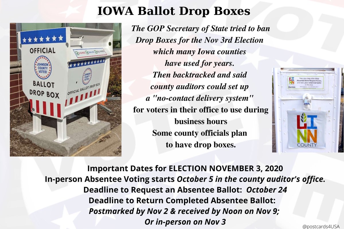 IOWA  #VoteByMail  #DropOffYourBallot County auditors can set up a "no-contact" delivery system for voters in their office to use during regular business hours. https://sos.iowa.gov/elections/auditors/auditorslist.html*Some county auditors plan to use drop boxes despite the secretary of state’s edict.THREAD