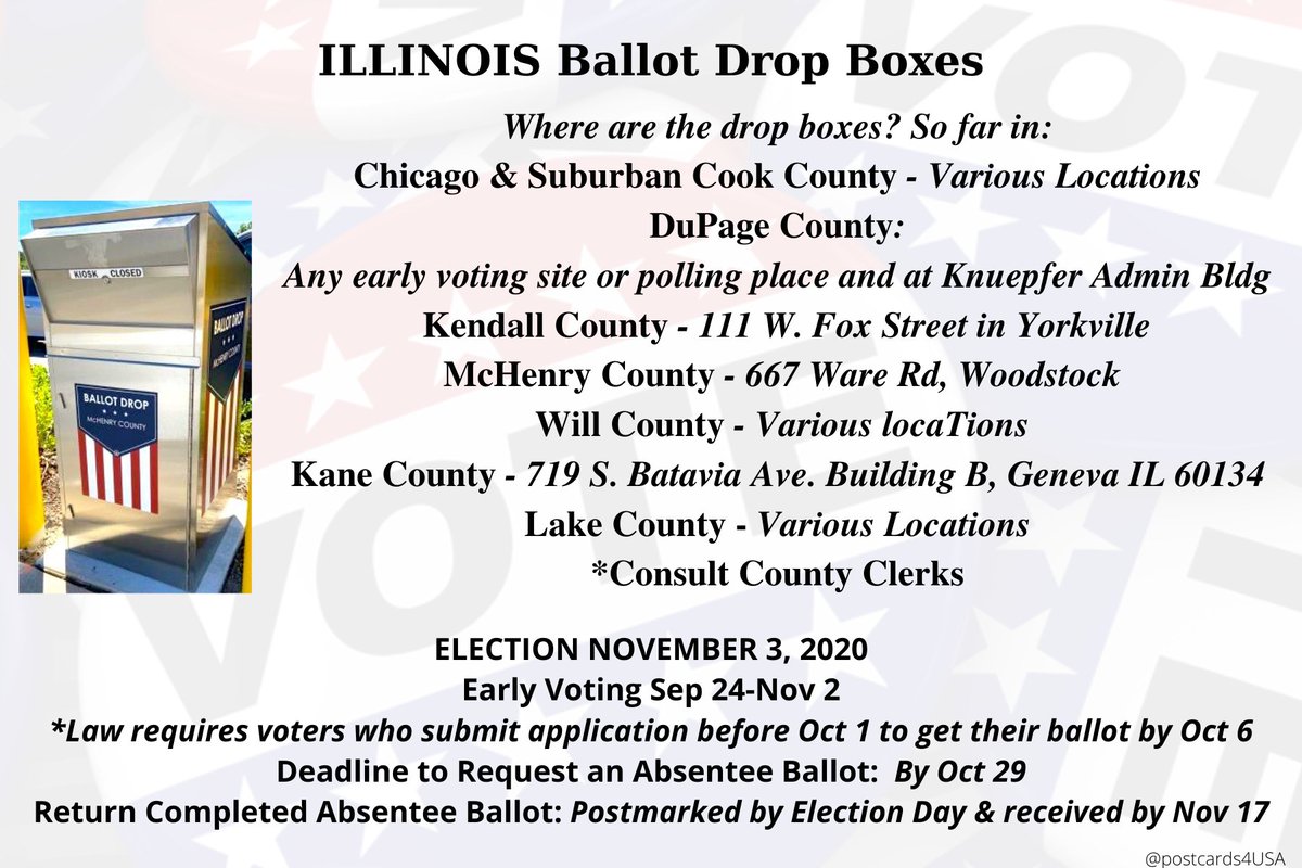 ILLINOIS  #VoteByMail  #DropOffYourBallot Find locations of Drop Boxes for all Counties here:  https://www.elections.il.gov/VotingAndRegistrationSystems/VoteByMailBallotDropBoxLocations.aspx Drop Box locations for CHICAGO here:  https://www.chicagoelections.gov/en/drop-boxes.html*Too late to mail by  #USPS. Return in-person.