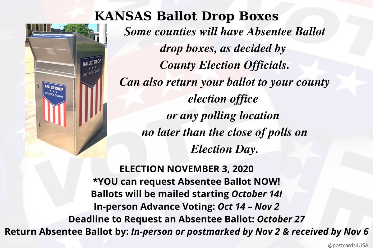 KANSAS  #DropOffYourBallot Decided By County; County Election Officers here:  https://www.sos.ks.gov/elections/county_election_officers.aspxSedgwick County locations here:  https://www.sedgwickcounty.org/elections/ballot-drop-boxes/Douglas County  https://elections-hub-dgco.hub.arcgis.com/ Johnson County  https://twitter.com/jocoelection/status/1310607925061341185 #VoteEarly   locations  https://ksvotesearly.com/ 