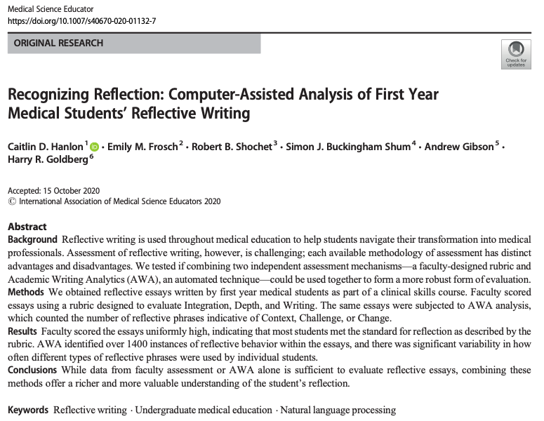 sbuckshum's tweet photo. "Recognizing Reflection: Computer-Assisted Analysis of First Year Medical Students’ Reflective Writing"

Rewarding to see #WritingAnalytics reaching beyond the #LearningAnalytics community, into disciplinary educational fields https://t.co/qZS38sUv6q PDF: https://t.co/2jLhkj36p0 https://t.co/sh0tZTI8xW