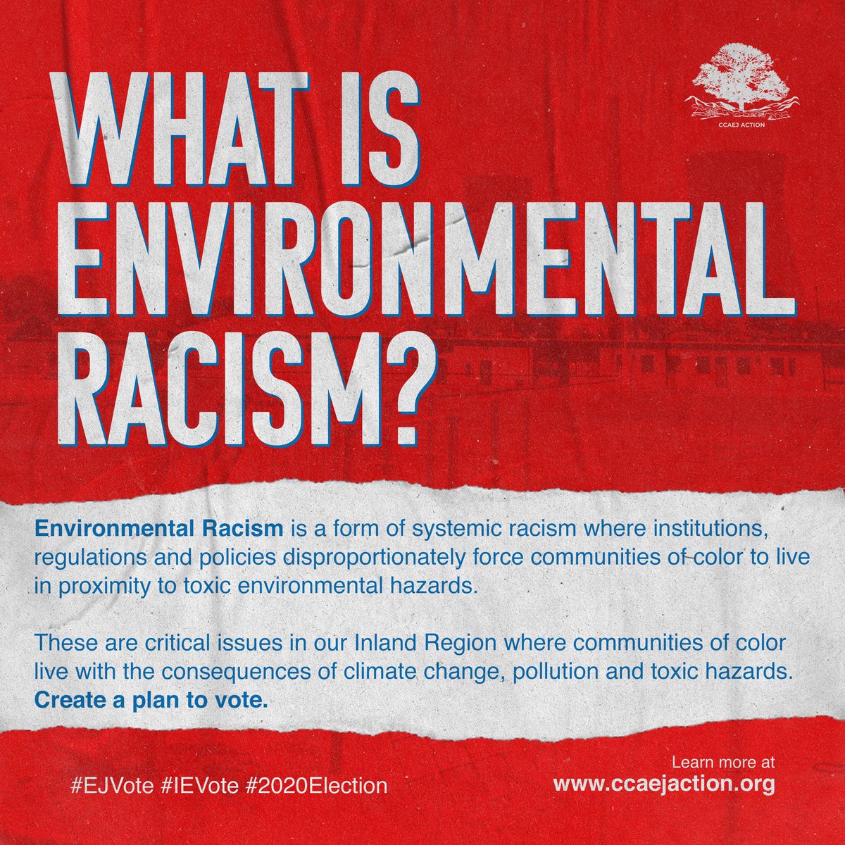 ccaejACTION's tweet photo. What is environmental racism and who does it affect? 

Let us your thoughts on environmental racism! #EJVote #IEVote #2020Elections https://t.co/ElNL2tSNs5