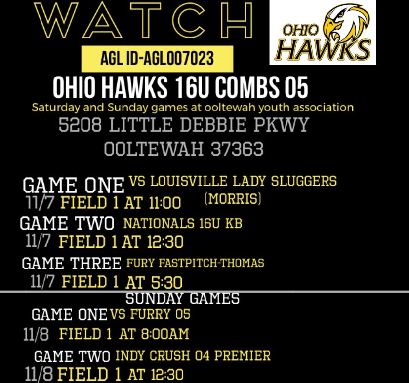 05Combs's tweet photo. Our schedule for next weekend at Scenic City!  We’ll be posting games live on AGL, FB and Twitter!  @ImpactRetweets @StriveSoftball @IHartFastpitch @rickcowan68 @SoftballConnect @ExtraInningSB https://t.co/4b6dcDztSx