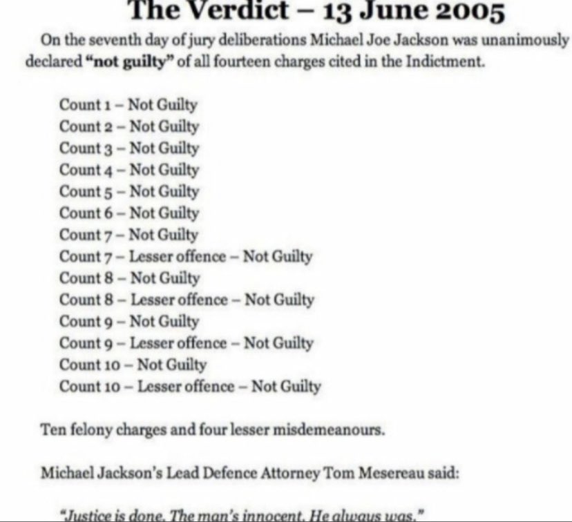 Michael Jackson was found Not Guilty of all 10 counts, On the verdict day ( June 13, 2005) and I bet you if one of those things said guilty he would’ve went to jail, but he was found innocent. Do haters I suggest doing research on this before hating because it...