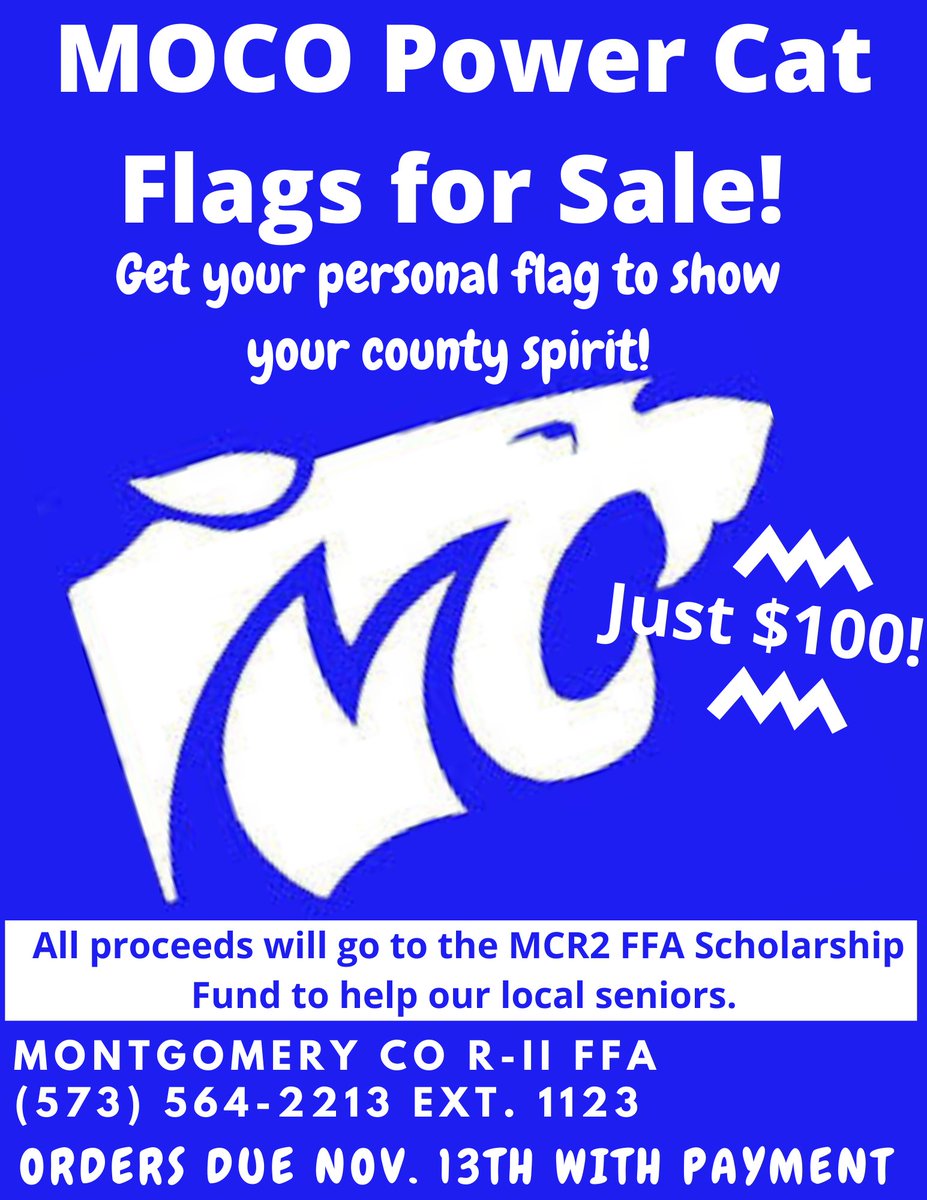 mocor2ffa's tweet photo. Have you seen the awesome Power Cat Flags around town? Want to own one? The Montgomery County R2 Ag Advisory Committee is selling them and all profits go toward scholarships for FFA students.

To order one complete the Google Form-
https://t.co/GYXacu7UJH https://t.co/r2wiBtHeDv