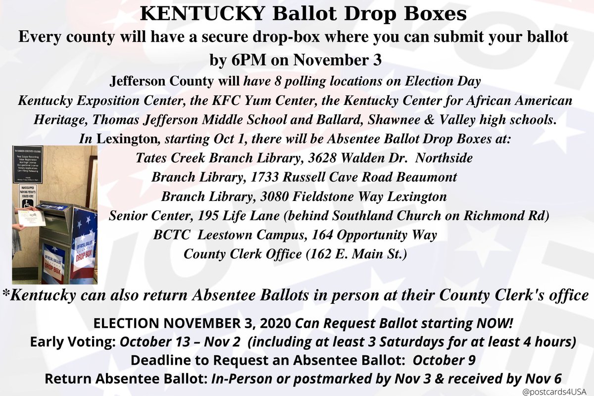 KENTUCKY  #VoteByMail  #DropOffYourBallot *Too late to return by  #USPSFind Drop Box location addresses here  https://elect.ky.gov/Resources/Documents/Drop%20Box%20Locations%20for%20Website.pdfOr find nearest one to you at  http://iwillvote.com OR  #DropBallotsInPerson at the county clerk’s officeFind here  https://elect.ky.gov/contactcountyclerks/Pages/default.aspxTHREAD