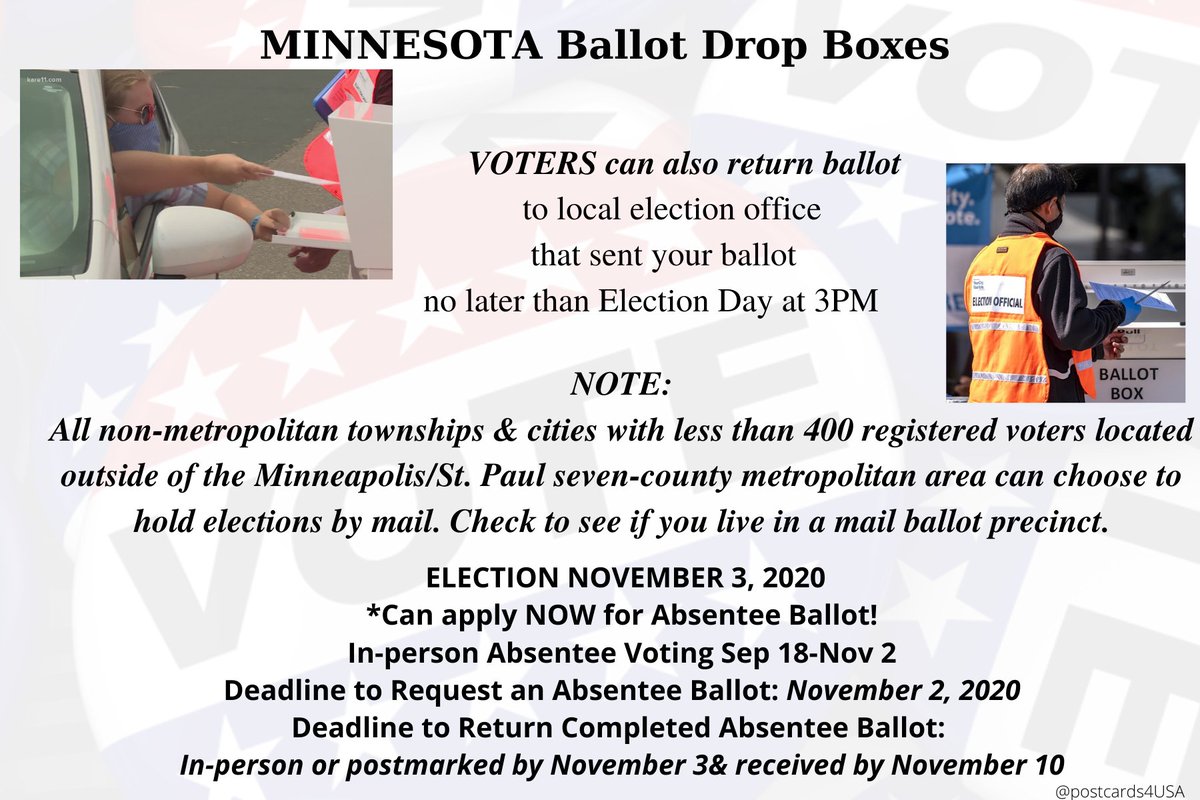 MINNESOTA  #VoteByMail  #DropOffYourBallot Check if you live in a mail ballot precinct by entering your address here  https://pollfinder.sos.state.mn.us/ Find nearest Drop Box here:  http://iwillvote.com Find Election offices here:  https://www.sos.state.mn.us/elections-voting/find-county-election-office/ #DropBallotsInPerson THREAD