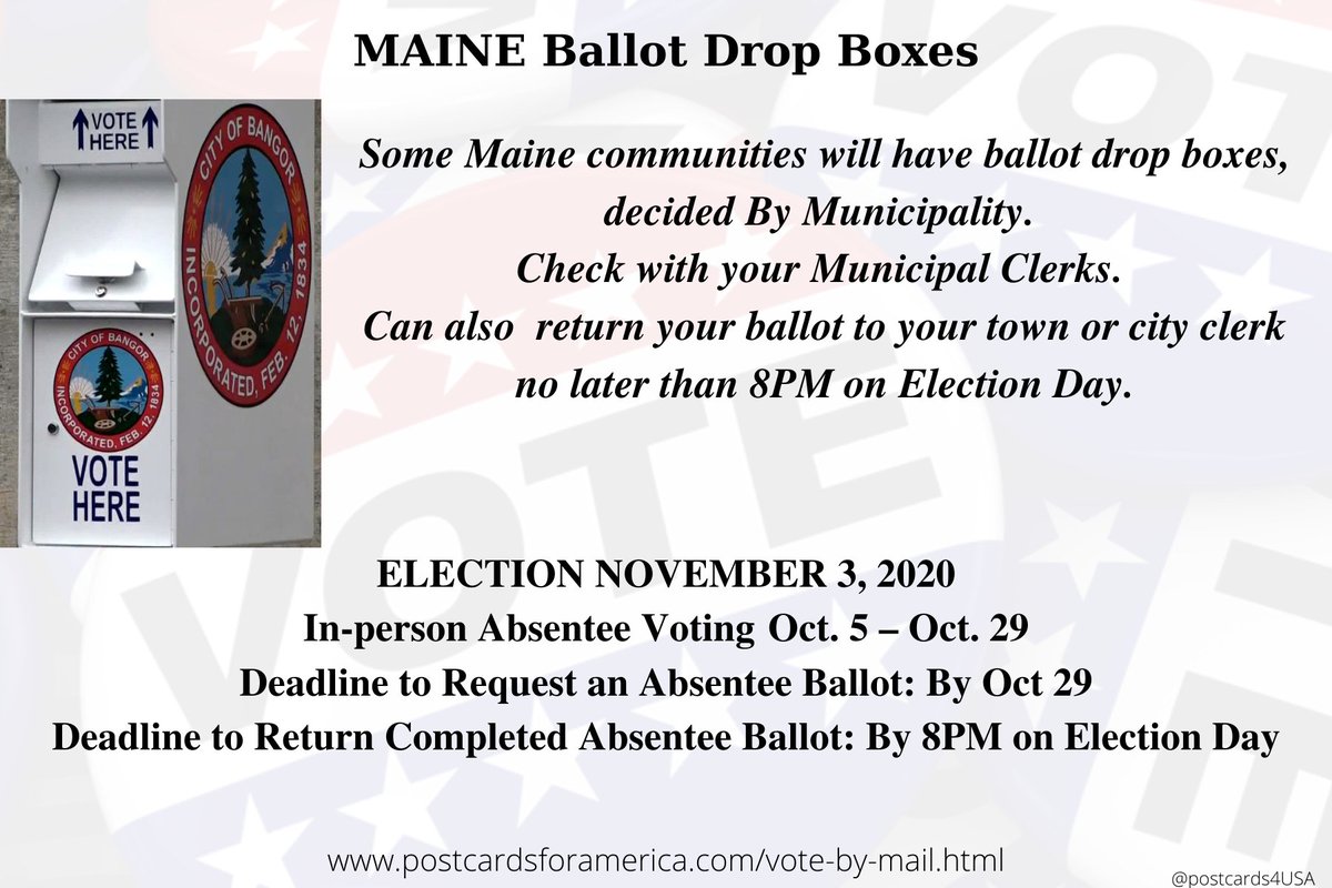 MAINE  #VoteByMail  #DropOffYourBallot Some Maine communities will have ballot drop boxes.Find them here:  http://iwillvote.com Find them here  https://www.maine.gov/sos/cec/elec/munic.htmlCan also return to your Clerk before 8PM  #ElectionDay    #DropBallotsInPerson THREAD