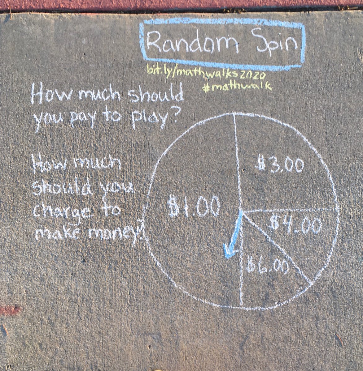 traciteacher's tweet photo. Going for a #mathwalk spin! Inspired by @CPMmath IM2 Expected Value today! #sandiegomath #mathgraffiti #sidewalkmath #MTBoS #iteachmath https://t.co/rFAz7sfq6Q https://t.co/iajaT6OVIO
