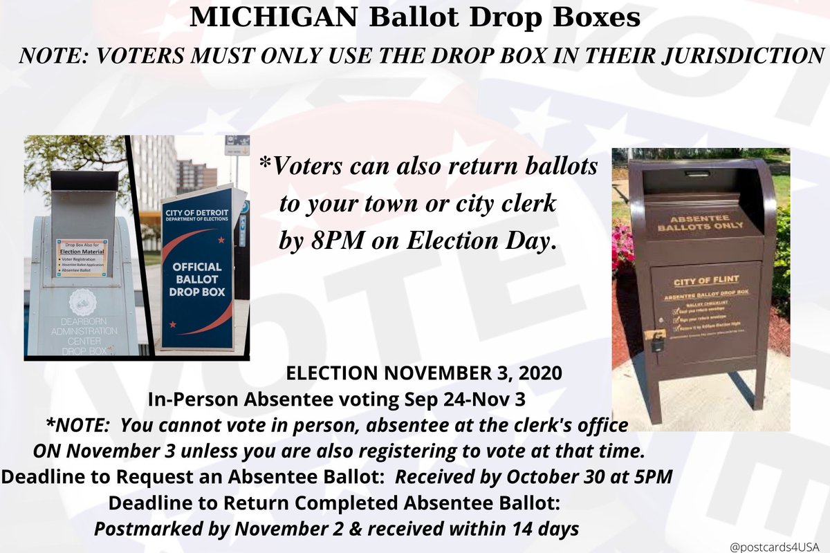 MICHIGAN  #DropOffYourBallot Locate nearest drop box through here:  https://mvic.sos.state.mi.us/Voter/Index/#yourclerk*ONLY USE THE DROP BOX IN YOUR JURISDICTIONCan also return your ballot to your town or city clerk by 8PM on Election DayFind location of your town/city clerk here  https://mvic.sos.state.mi.us/Voter/Index 