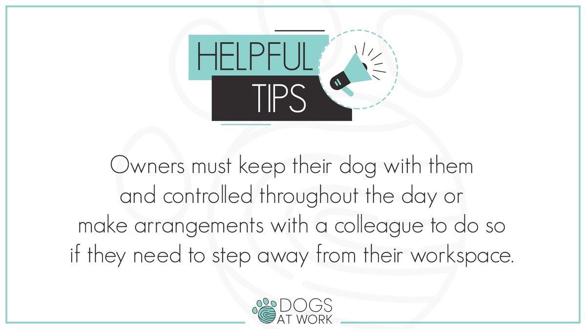 Owners must keep their dog with them and controlled throughout the day or make arrangements with a colleague to do so if they need to step away from their workspace.