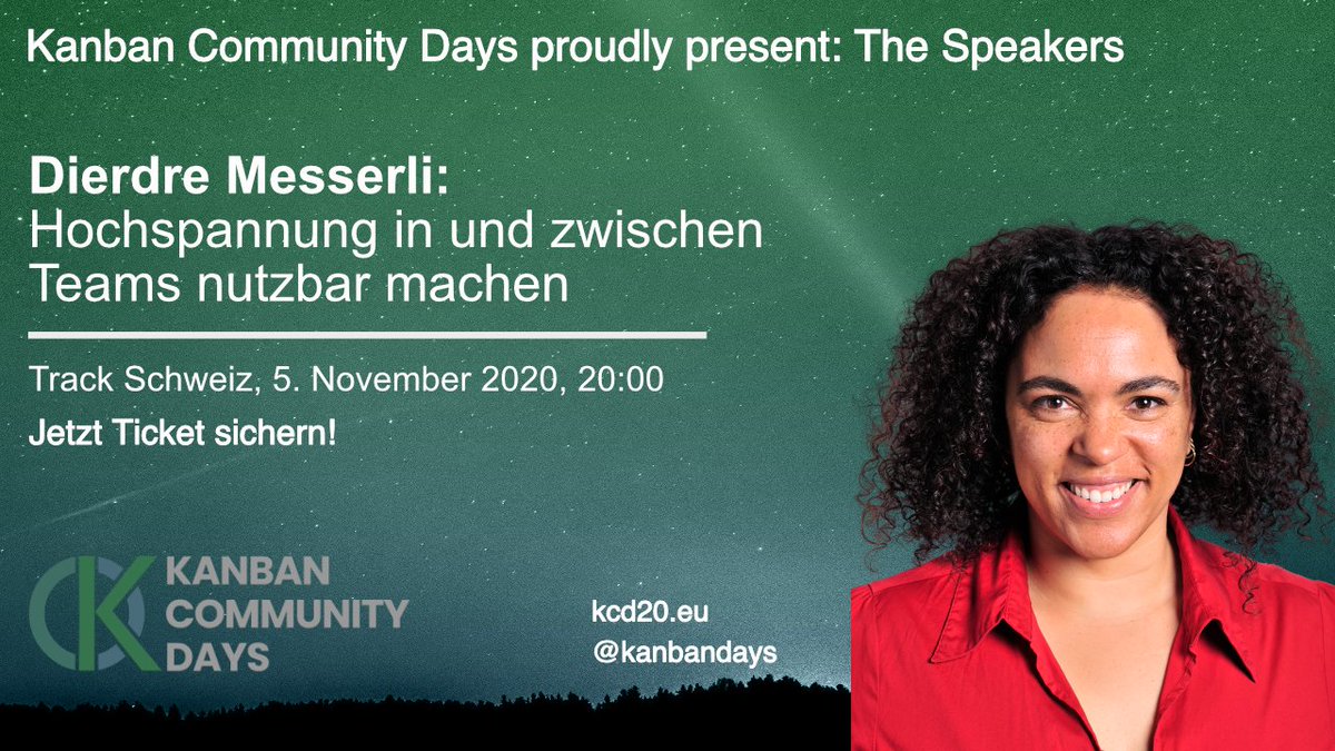 KanbanDays's tweet photo. Wir freuen uns auf Dierdre Messerli und ihren spannungsgeladenen Vortrag bei den KanbanCommunityDays an vier Abenden ab dem  3.11. - schon kommende Woche geht’s los!
Jetzt Ticket kaufen: https://t.co/6In1zMdBYp #Kanban #remoteworking #Konferenz
#agile #kcd20 https://t.co/2CYoHOjnhf