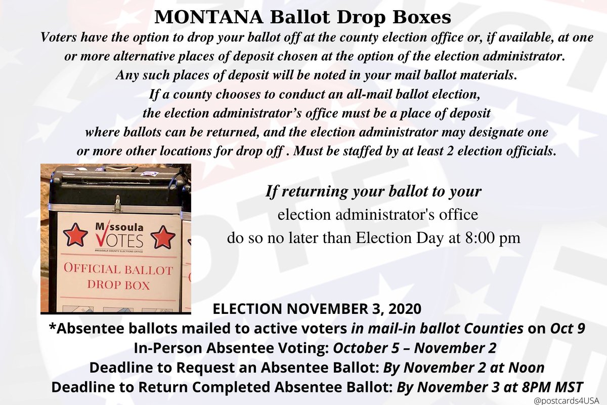MONTANA  #VoteByMail  #DropBallotsInPersonCounty election administrators choose Drop Box locations which will be in mailed ballot packet.Or find here  http://iwillvote.com OR return to election administrator's office by  #ElectionDay   Administrators here: https://www.missoulacounty.us/government/administration/elections-office/current-election
