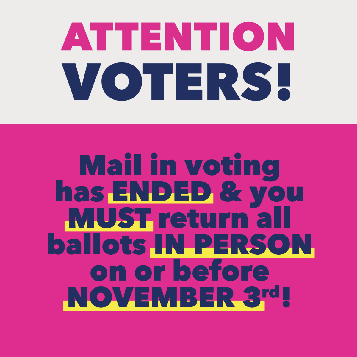 ppazaction's tweet photo. We are less than a week away from the 2020 general election. Important dates to know:
➡️Oct. 30 - #DEADLINE to #VoteEarly #InPerson (by 5pm)
➡️Oct. 31-Nov. 2 - #EmergencyVoting period (varies by county)
➡️Nov. 3 - Statewide 2020 #ElectionDay (All #ballots must be returned by 7pm) https://t.co/5RYDYgamAq