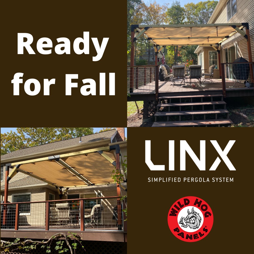 LINX Pergola and Wild Hog stainless steel railing. Great look, just in time to catch a few of those beautiful Fall days!   linxpergola.com wildhogproducts.com

#diypergola #pergolabrackets #pergolakits #wildhogproducts #linxbuild #linxpergola <a href="/DecksDirect/">DecksDirect</a>