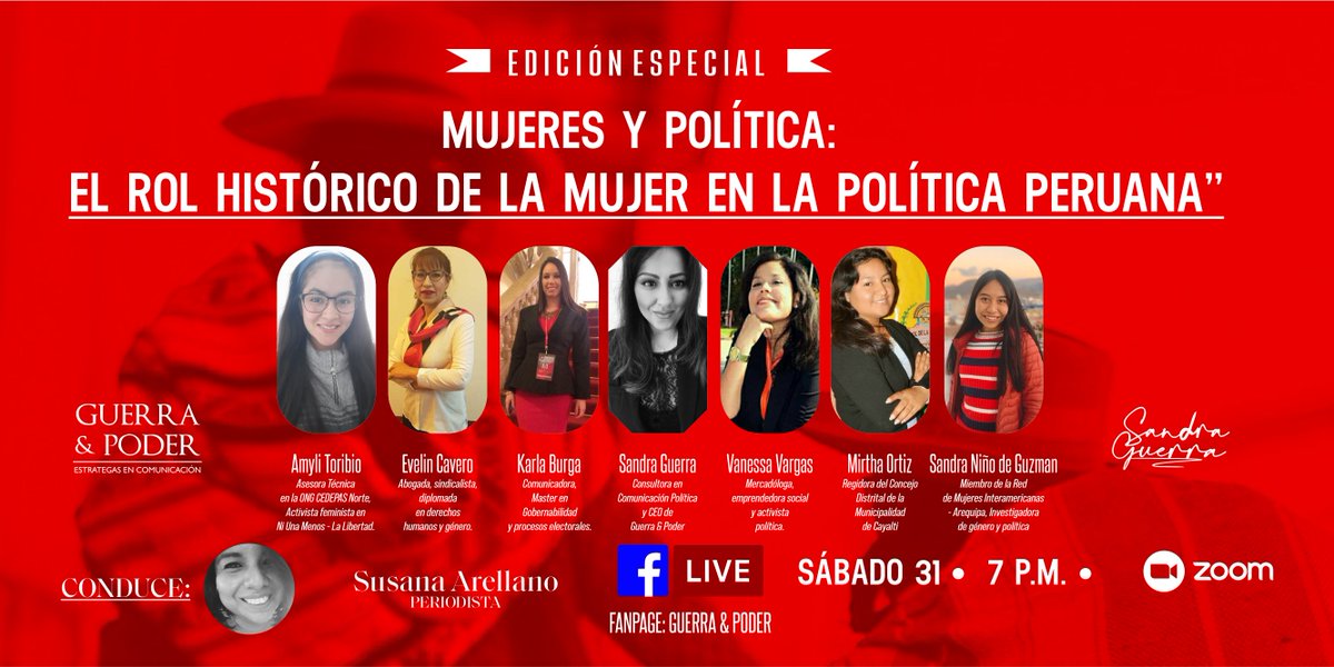 GuerrayPoder's tweet photo. 🇵🇪Llegamos a nuestra última edición del año de Mujeres y Política 🇵🇪

📌 🇵🇪 Tema: "Mujeres y Política: el rol histórico de la mujer en la política peruana". 👩‍🦰👩‍⚕️🧕👩‍🏫

🤜 Regístrate para recibir el acceso a zoom: https://t.co/It9rJH8GtC

📌 CERTITICADO https://t.co/qgWhAEMglT
