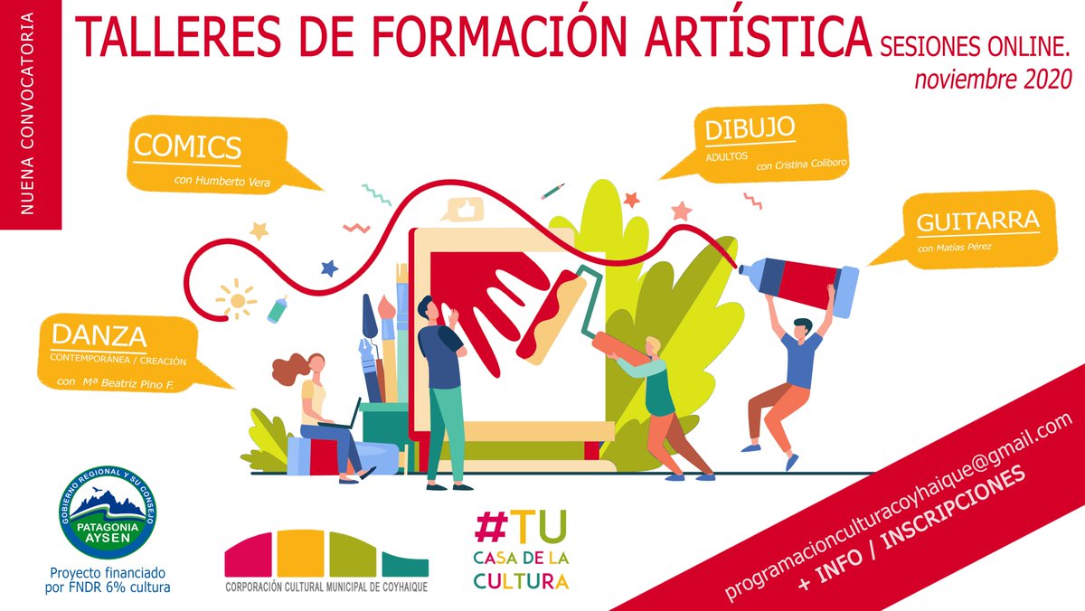 📢 Nueva Convocatoria para Formación Artística ~
Talleres Cortos de Guitarra, Danza, Comics y Dibujo 📢
Sesiones durante el mes de Noviembre 2020‼️ 👀
La Corporación Cultural Municipal de Coyhaique Abre Inscripciones para Nuevos Talleres de Corta Duración (+)
