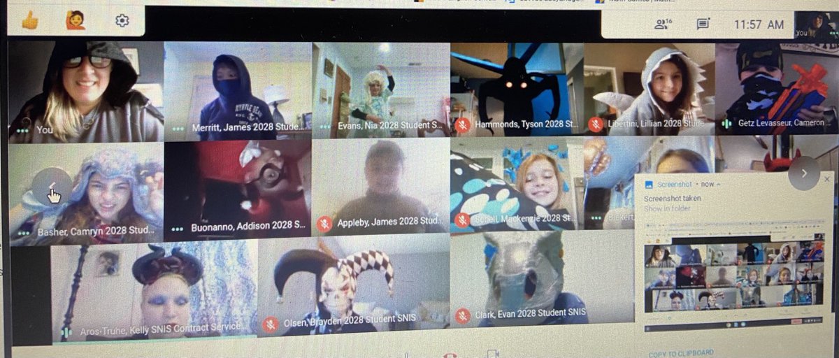 Halloween google meet fun on our remote Wednesday! 
Students joined the meet with their cameras off, wearing their Halloween costumes. Each student had a turn sharing 3 clues, then the class had to guess their costume before they could turn their camera on for their BIG reveal!