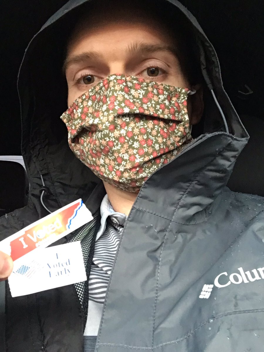 davis_chrisray's tweet photo. Went and 💪🏻 my right to vote today! I took two stickers...Hope that was okay? 😂 Yes, those are flowers on my mask 🤷‍♂️. 

#Vote
#TwoStickers
#UpYourMaskGame https://t.co/YJSM2amVXD