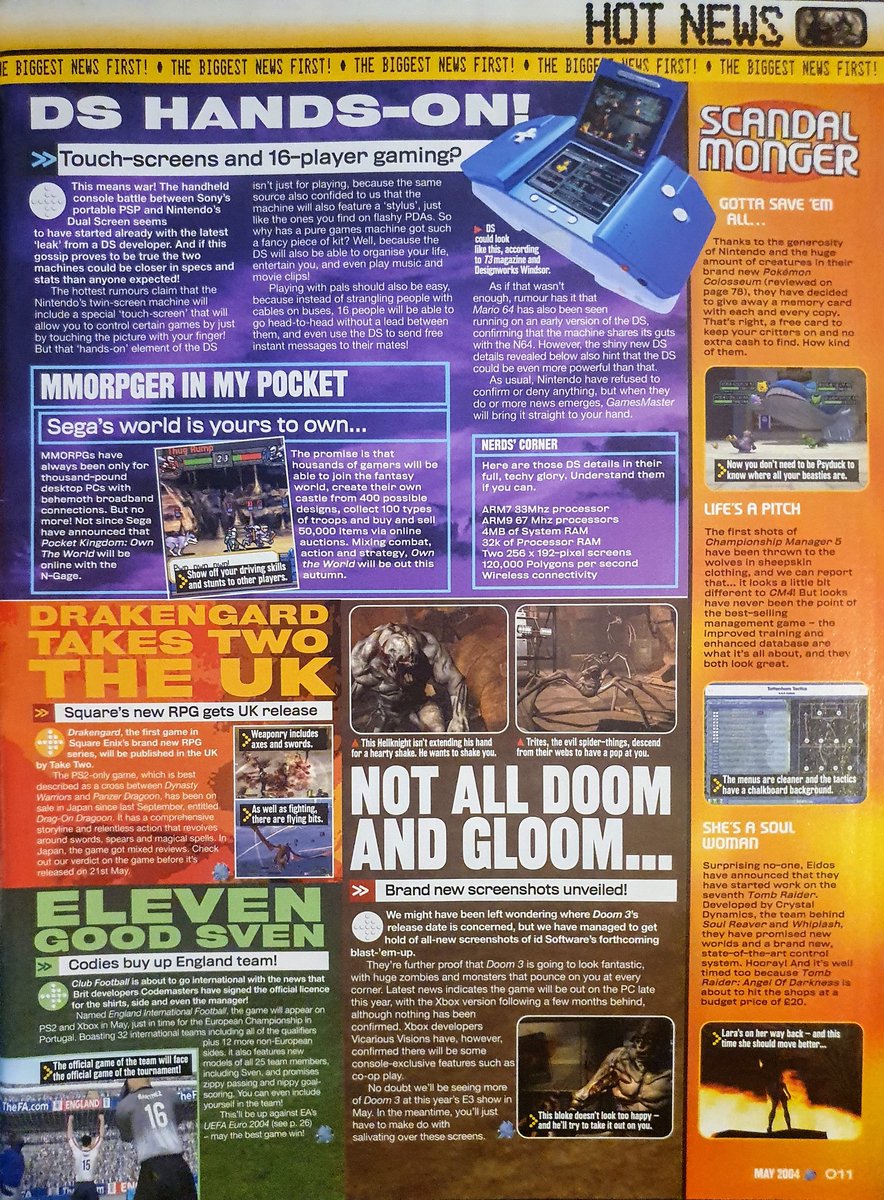 GamesmasterSaid's tweet photo. (2/2) Nintendo DS to possibly include touch-screen element, Nina Williams gets Tekken spin-off game, and updates on Pikmin 2.
#Drakengard #ClubFootball #Doom3 #Jak3 #RatchetandClank #MortalKombat #Warhammer #SeriousSam #RedNinja #SkoolsOut #ProEvo #Microsoft #MarioGolfAdvance https://t.co/COziglqGEy