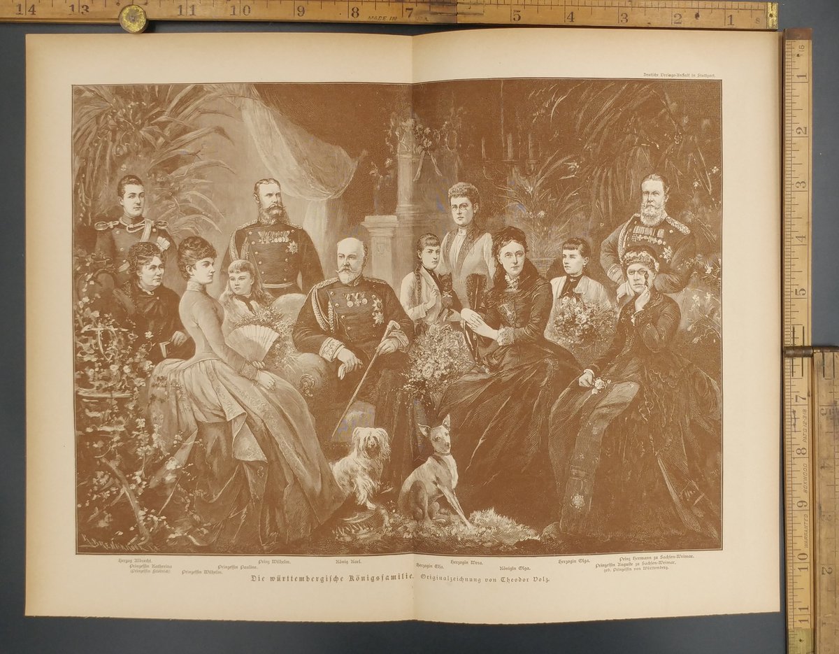 https://t.co/LbpVK8qiuv
#Germany #Princess #RoyalFamily #King #Queen
$30
The Wรผrttemberg royal family. Original drawing by Theodor Dolz. Duke Albrecht, Prince Wilhelm, King Karl, Queen Olga, Princess Katherina and Pauline. Original Antique German magazine print from 1889. https://t.co/CMkY7c0Hka