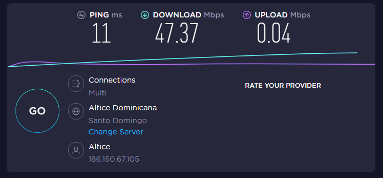 HamletDisla's tweet photo. el problam continua. desde el sabado 17 y todos los dias de 6:00PM a 11:00PM y hasta la fecha mi velocidad de subida se dragada como pueden ver en la foto. @SomosAlticeDo @altice_do @altice_labs @AlticeUSA @AlticeB2B_USA https://t.co/qxOpVbhoFz