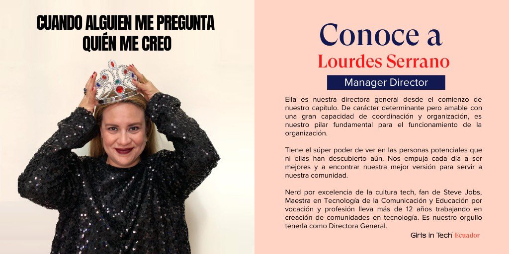 Mujeresentec_ec's tweet photo. Cerramos el ciclo de presentación de nuestras directoras con la lider suprema, nuestra MD o Directora General, Lourdes Serrano. Con su representación del meme # GirlBoss de Rihana les presentamos a Lou.
#girlsintech #girlboss #managerdirector #educadora https://t.co/L4TX8h83oC