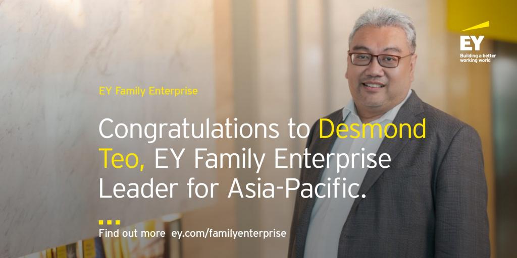Congratulations to Desmond Teo on his appointment as the EY Family Enterprise Leader for Asia-Pacific. Learn more about how we are unlocking ambition in family-owned enterprises from one generation to the next. spr.ly/6014GCb28 #FamilyEnterprise #PrivateBusiness